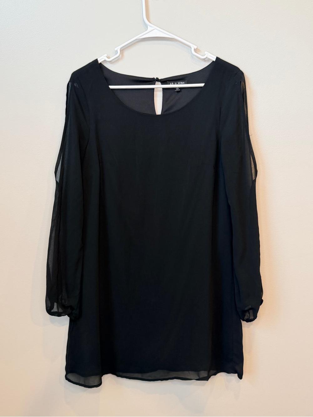 As U Wish Black Long Sleeve Sheer Shift Dress with sleeve slits Size M